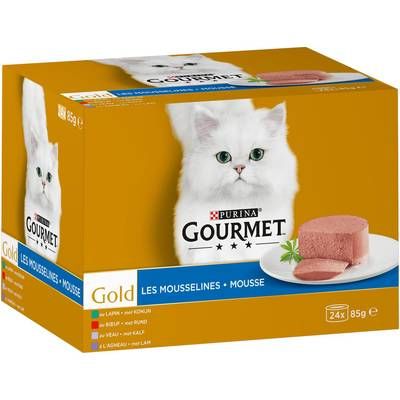 Purina - Gourmet Gold Boites Mousseline Lapin, Bœuf, Agneau, Veau pour chat adulte, 24x85g