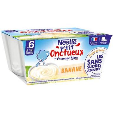 Nestlé - P'tit Onctueux Desserts Lactés Banane Fromage Blanc Sans Sucres Ajoutés Coupelle Bébé Dès 6 mois, 4x90g