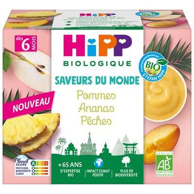 Hipp - Saveurs du Monde Pommes Ananas Pêches Bio Coupelle Bébé Dès 6 mois, 4x100g