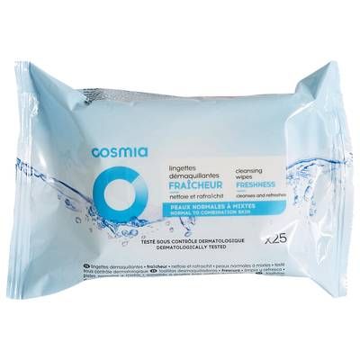 COSMIA Lingettes démaquillantes fraîcheur, 25 lingettes