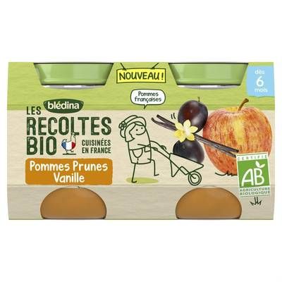 Blédina - Les Récoltes Bio Pommes Prune Vanille Bio Pots Bébé Dès 6 mois, 2x130g