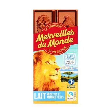 Merveilles du monde Chocolat au lait 30% noisettes et amandes pilées, 100g
