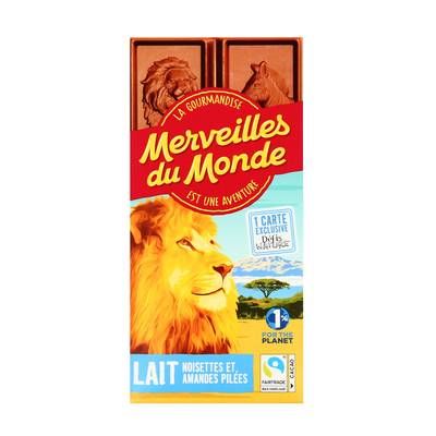 Merveilles du monde Chocolat au lait 30% noisettes et amandes pilées, 100g