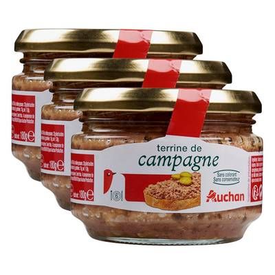 Auchan Terrine de campagne sans colorant sans conservateur, Lot de 3x180g
