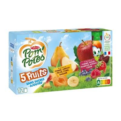 Pom Potes 5 Fruits sans sucres ajoutés, 12 gourdes de 90g