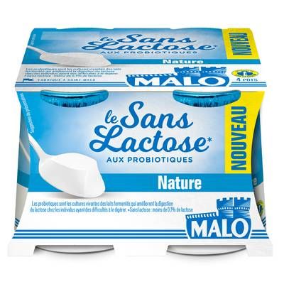 Malo Yaourt nature sans lactose aux probiotiques, 4x125g