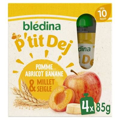 Blédina P'iti Déj- Pomme Abricot Banane Seigle et Millet Gourde Bébé Dès 10 mois, 4x85g