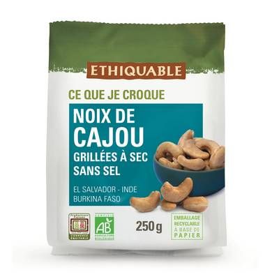 Ethiquable - Commerce Equitable Noix de Cajou Grillée sans sel Bio du Salvador, Inde ou Burkina Faso, 250g