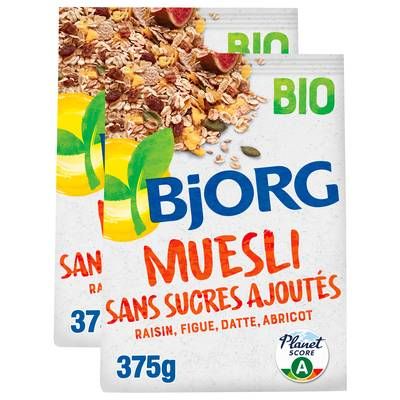 Bjorg Muesli Raisin Figue Abricot sans sucres ajoutés bio, Lot de 2x375g