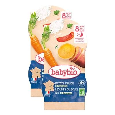 Babybio Patate Douce, Légumes du soleil, Riz de Camargue Bio Bol Bébé Dès 8 mois, Lot de 2x2x200g
