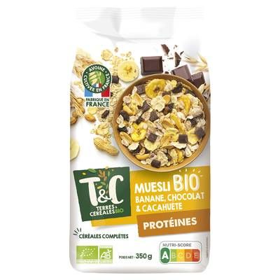 Terres et Céréales Bio Céréales muesli banane chocolat cacahuètes Protéine Bio, 350g