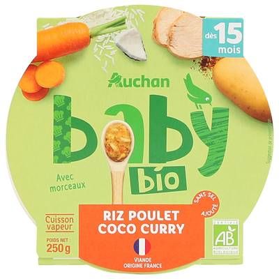Auchan Baby Bio Riz poulet coco curry Bio Assiette Bébé dès 15 mois, 250g