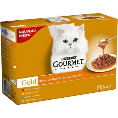 Purina - Gourmet Gold Boites Régal de Sauce Boeuf, Poulet, Thon, Saumon pour chat adulte, 12x85g