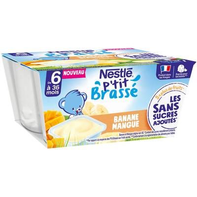 Nestlé - P'tit Brassé Dessert Lacté Banane Mangue Sans Sucre Ajouté Coupelle Bébé Dès 6 mois, 4x90g
