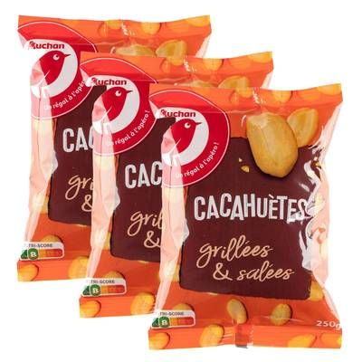 Auchan Cacahuètes grillées et salées, Lot de 3x250g