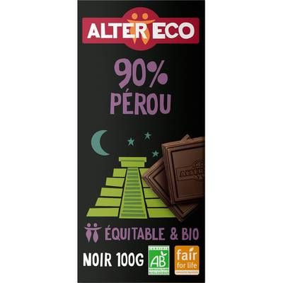 Alter Eco - Commerce Equitable Chocolat noir 90% Cacao Bio du Pérou, 100g