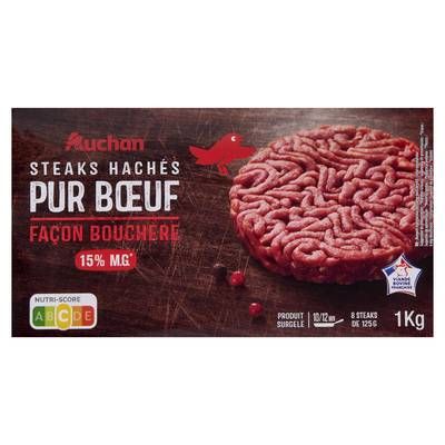 Auchan Steak haché pur boeuf façon bouchère 15%mg, 8x125g