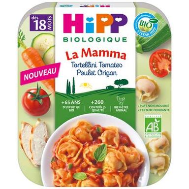 Hipp - La Mamma Tortellini Tomate Poulet Orignan Bio Assiette Bébé Dès 18 Mois, 250g