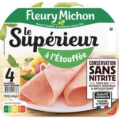 Fleury Michon Jambon Supérieur Cuit à l'Etouffée, Conservation sans Nitrites, 4 tranches - 140g
