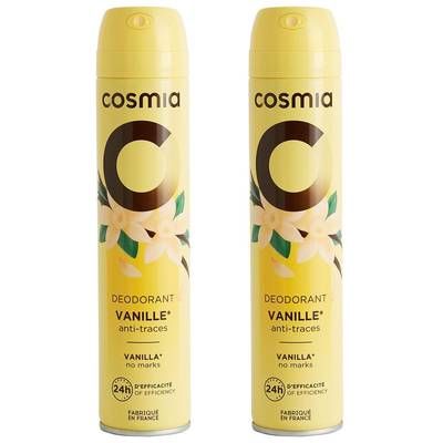 COSMIA Déodorant spray 24h vanille anti-traces sans sels d'Aluminium, Lot de 2x200ml