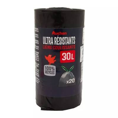 Auchan Sacs poubelle ultra résistants avec liens coulissants 30L, 20 sacs poubelles