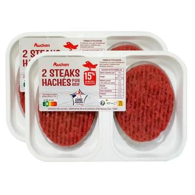 Auchan Steaks Hachés Pur Boeuf 15%MG, Lot de 2x200g