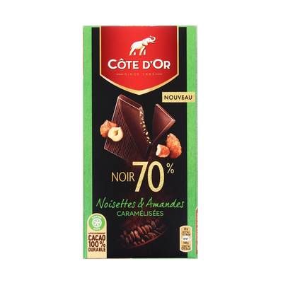 Côte d'Or Chocolat noir 70% noisettes et amandes caramélisées, 100g