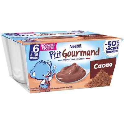 Nestlé - P'tit Gourmand Dessert Lacté Cacao Coupelle Bébé dès 6 mois, 4x100g