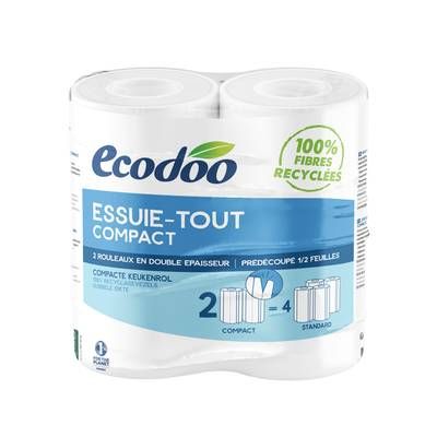 Ecodoo Essuie-tout compact 100% fibres recyclées, 2 rouleaux