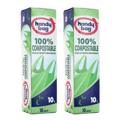 Handy Bag Sacs à nouer 10L 100% compostable, Lot de 2x10 sacs de 10L