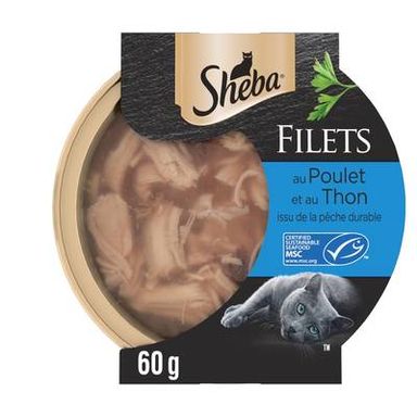 Sheba - Filets Barquette Poulet Thon MSC pour chat adulte, 60g