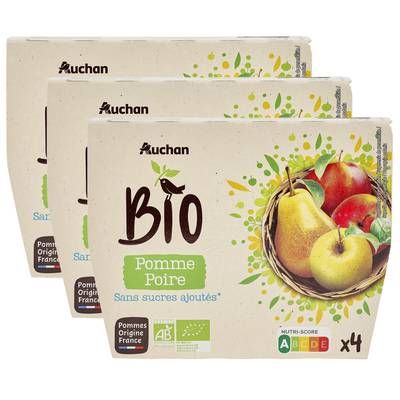 Auchan BIO Coupelles de purée de pomme poire sans sucres ajoutés bio, Lot de 3 - 4x100g