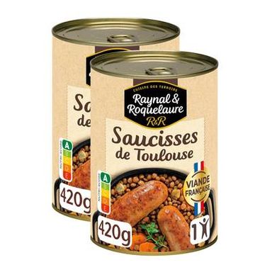 Raynal et Roquelaure Saucisse de Toulouse et lentilles cuisinées, Lot de 2x420g