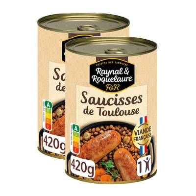 Raynal et Roquelaure Saucisse de Toulouse et lentilles cuisinées, Lot de 2x420g