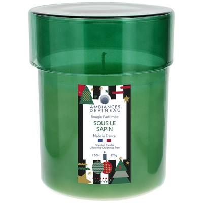 Ambiances Devineau Bonbonnière laquée vert couvercle transparent  bougie parfumée Sous le Sapin, 1 bougie