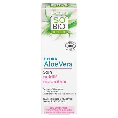 SO'BiO étic Soin nutritif réparateur, peaux sensibles à réactives sèches à très sèches, Hydra Aloe Vera, 100ml
