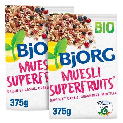 Bjorg Muesli superfruits raisin cassis cranberry myrtille bio, Lot de 2x375g