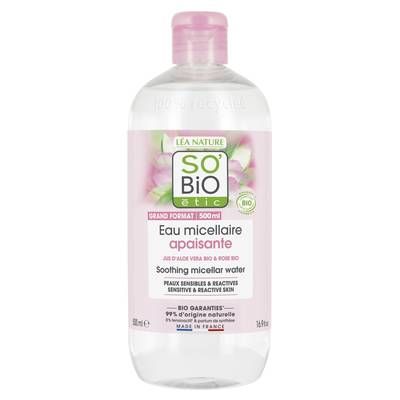 SO'BIO ETIC Eau micellaire apaisante, jus d'Aloe vera bio équitable, peaux sensibles à réactives, 500ml