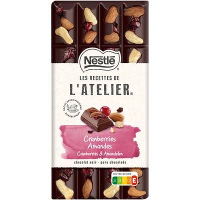 Nestlé Les Recettes de l'Atelier Chocolat noir cranberries et amandes, 195g
