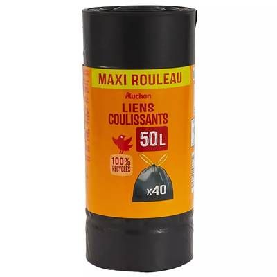 Auchan Sacs poubelle liens coulissants 50L maxi rouleau, 40 sacs poubelles