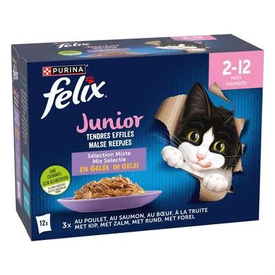 Purina - Félix Sachets en Gelée Tendres Effilés Poulet, Saumon, Bœuf, Truite pour Chaton, 12x85g