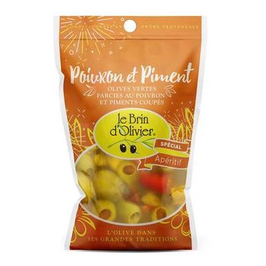 Le Brin d'Olivier Olives Vertes Farcies aux Poivons et Piments Coupés, 150g