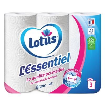 Lotus Essuie-tout L'essentiel Blanc, 3 Rouleaux