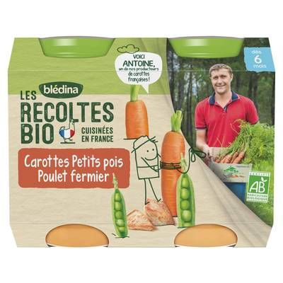 Blédina - Les Récoltes Bio Brocolis Carottes Petits pois Poulet Fermier Bio Pot Bébé Dès 6 mois, 2x200g
