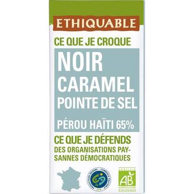 Ethiquable - Commerce Equitable Chocolat Noir Caramel pointe de sel 65% Cacao Bio du Pérou ou Equteur, 100g