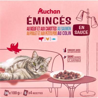 Auchan Sachets émincés en sauce viandes et poissons pour chat stérilisés, 24x100g