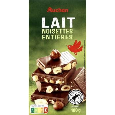Auchan Tablette de chocolat au lait aux noisettes entières, 180g