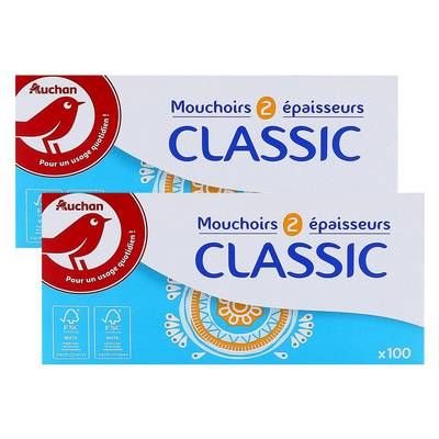 Auchan Boîte de mouchoirs classic 2 épaisseurs, Lot de 2x100 mouchoirs