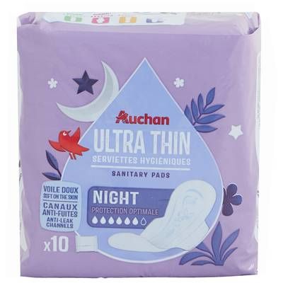Auchan Serviettes hygiéniques avec ailettes nuit, 10 serviettes