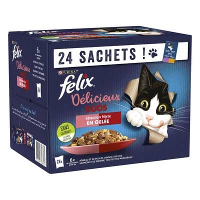 Purina - Félix Sachets en Gelée Duo Tendres Effilés Sélection Mixte 4 Variétés pour chat, 24x85g